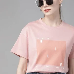 The Lifestyle Co Women Pink Peach-Coloured Printed Pure Cotton Boxy T-shirt